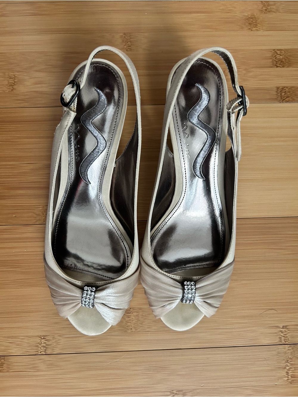 Nina Silver Satin Slingback Peep-Toe Heels with Rhinestone Bow